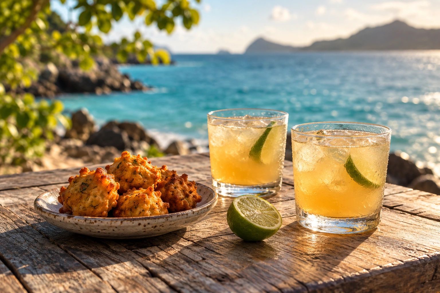 Visuel d’ambiance — accras et verres au citron vert face à la mer